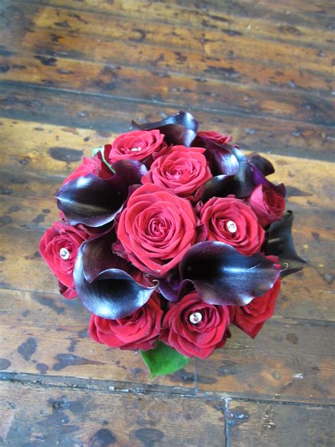 Bridal Bouquet Grand Prix Roses With Black Calla Lilies Black Calla