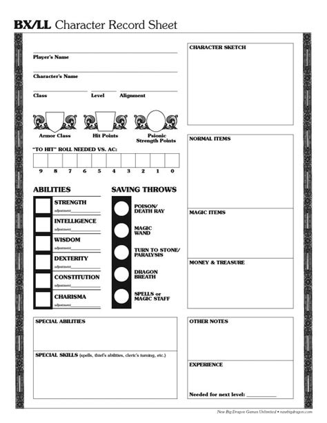 Save Vs Dragon Bxll Character Sheet With Space For Psionicist Psps