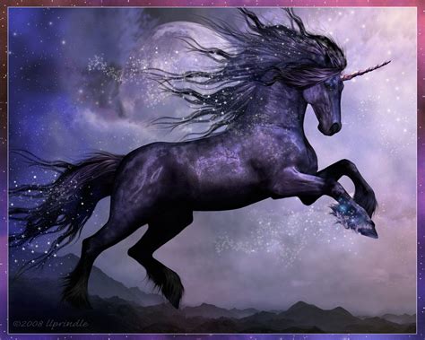 A Black Unicorn With Long Hair Is Flying Through The Air In Front Of Purple Clouds And Stars