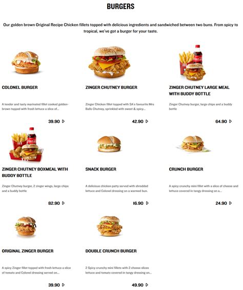 On the website you can see in detail the complete and current menu with prices, photos of restaurant dishes, calories, cost, reviews and discounts for today. KFC Menu Prices & Specials