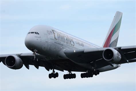 Emirates Airbus A380 800 Flying Up In The Sky Close Up View Editorial