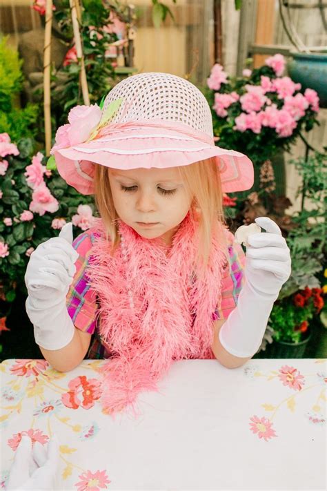 Girls Tea Party Dress Up Hat With Boa And White Gloves Tea Party