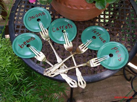 Mrs Freymillers Garden Stakes Upcycled Can Lid Upcycled Fork Plant