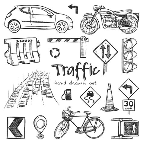 Hand Drawn Traffic Doodle Set Vector Illustration Elements Isolated