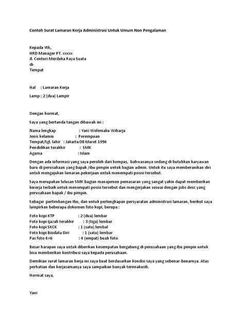 Peran surat pindah domisili sama pentingnya dengan mempunyai sebuah ktp, karena tanpa adanya ktp yang sesuai dengan alamat tempat tinggal anda. Contoh Surat Lamaran Kerja Administrasi Untuk Umum Non Pengalaman