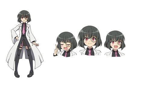 anime character with black hair and red eyes wearing white lab coat holding a finger up to