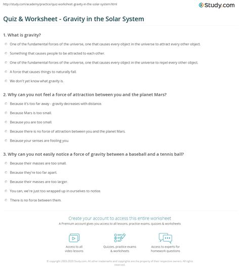 Quiz And Worksheet Gravity In The Solar System