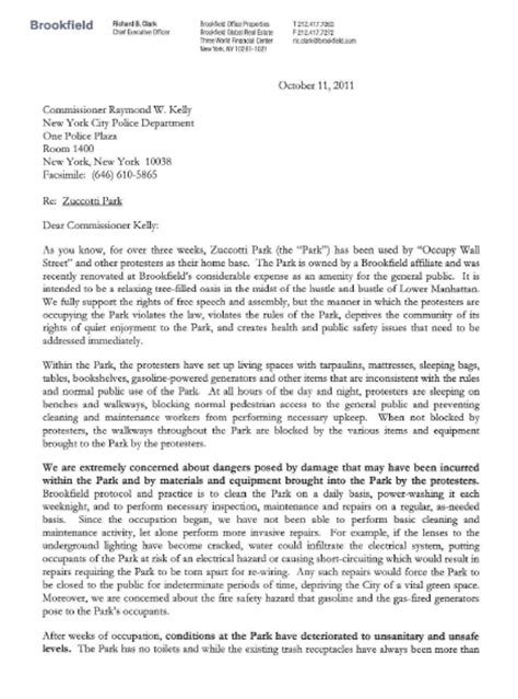 zuccotti park owners letter  police commissioner