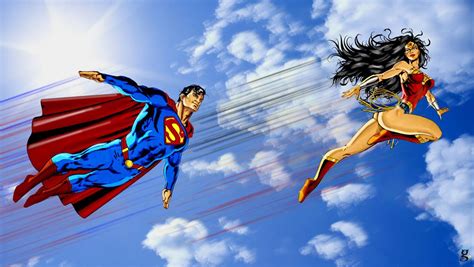Superman And Wonder Woman Flying In The Sky With Blue Skies Behind Them As If They Were Supergirls