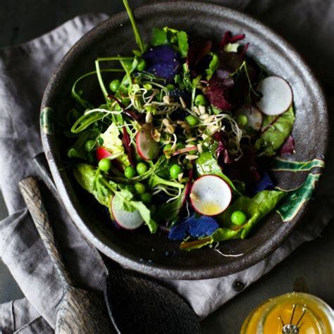 Delicate Vegan Salad Made Of Tender Spring Leaves With Lemony Dressing