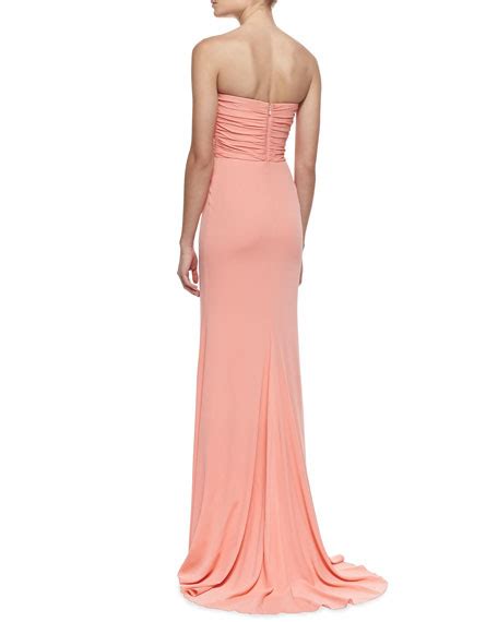 Badgley Mischka Strapless Ruffle Front Gown With Rosette Detail Coral