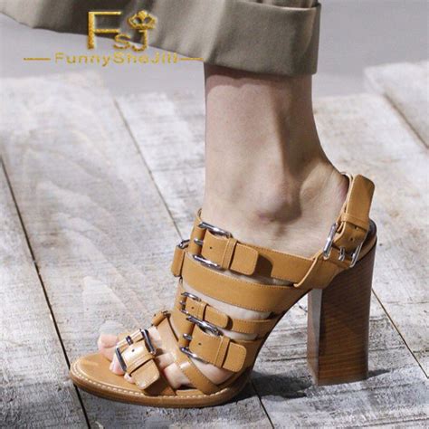 Brown Open Toe Chunky Heel Sandals With Buckles Summer Casual