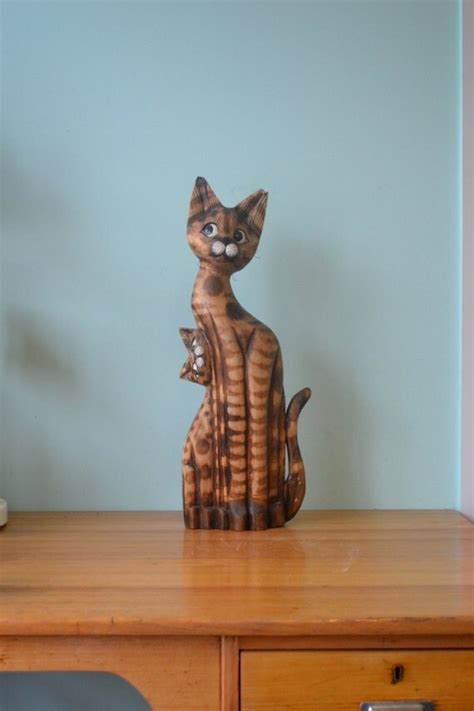 Vintage Cat Figure Figurine Wood Wooden Kitsch Retro
