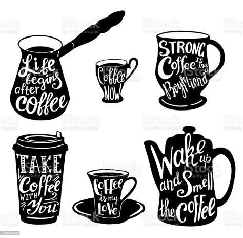 Vector Cute Coffee Quotes And Sayings Typography Set Stock Illustration