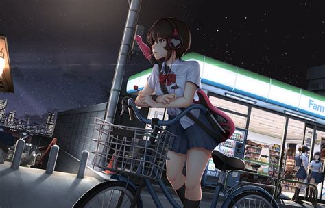 1400x900 Cute Anime Girl With Bicycle Listening Music On Headphones