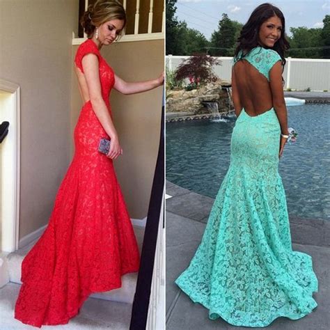 Open Back Lace Prom Dresses 2017 Mermaid Style Sexy Backless Evening Gowns Sweep Train High Neck
