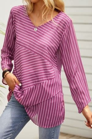 Stripe Splicing V Neck Long Sleeves Shirts Tops CurveDream