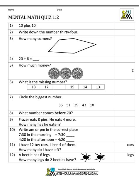 This is a comprehensivedfdsffs collection of free printable math worksheets for grade 1, organized by topics such as addition, subtraction, place value, telling time, and counting money. First Grade Mental Math Worksheets