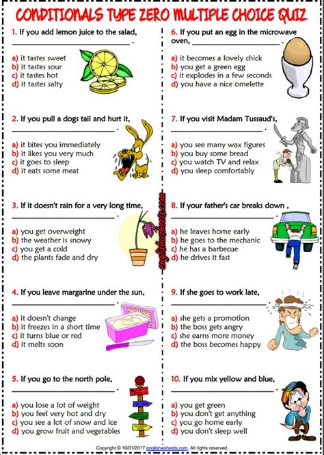 You can even add your trivia quiz answers at the end to satisfy everyone's curiosity. Conditionals Type 0 ESL Printable Multiple Choice Quiz | English teaching resources, Conditional ...