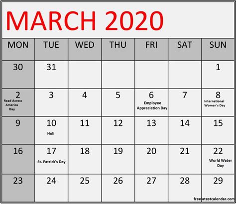 March 2020 Calendar With Federal Holidays Table March 2020 Calendar