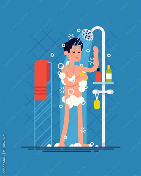 Man Taking Shower Cool Vector Flat Design Illustration On Daily Routine With Confident Male