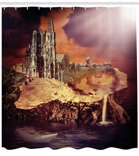 Gothic Shower Curtain Fantasy Castle And Village On Stump In The Water