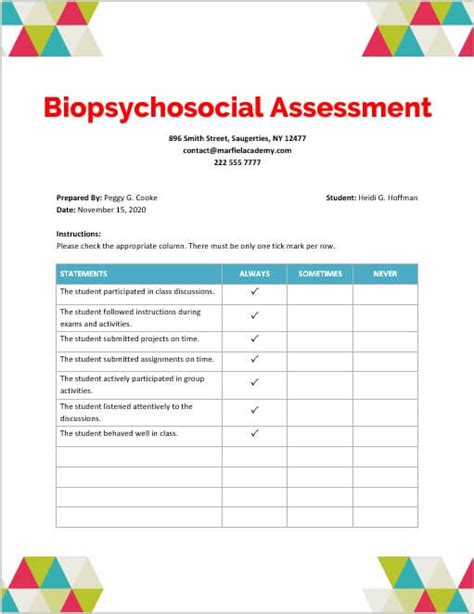 Printable Biopsychosocial Assessment Template Room Surf Com