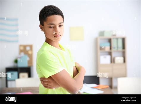Sad African American Teenage Boy Indoors Bullying In School Stock Photo Alamy