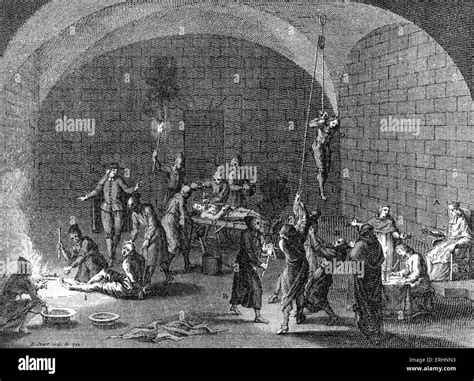 Torture Chamber Of An Inquisition Tribunal Engraving Artist Stock