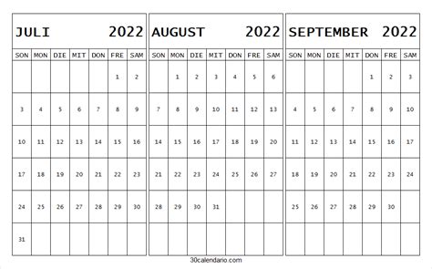 Kalender Juli August September 2022 Zum Ausdrucken Kalender Vorlage
