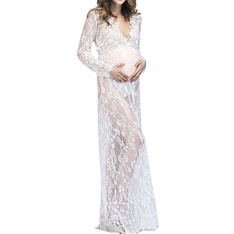 Pregnant Women Sheer Lace Long Maxi Maternity Dress Gown Photo