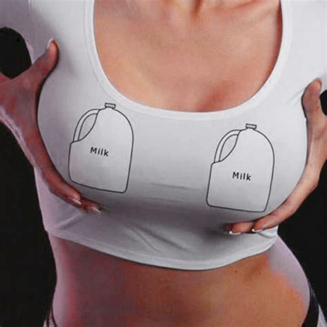 Women Crew Neck Crop Top Milk Printed Micro Big Cup Nipple Sexy Funny