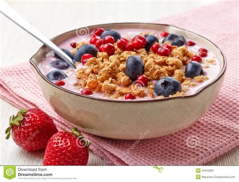 Healthy Breakfast Yogurt With Granola And Berries Stock