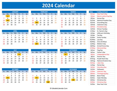 2024 Calendar With Week Numbers And Holidays For United States Gambaran