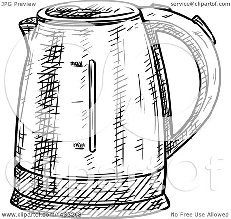 Clipart of a Sketched Black and White Kettle - Royalty Free Vector