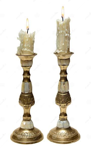 Two Burning Old Candles In Golden Candlesticks Stock Image Image Of
