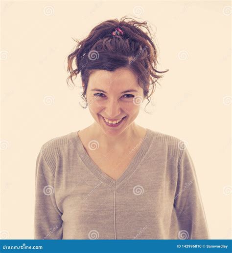 Portrait Of Young Attractive Cheerful Woman With Smiling Happy Face