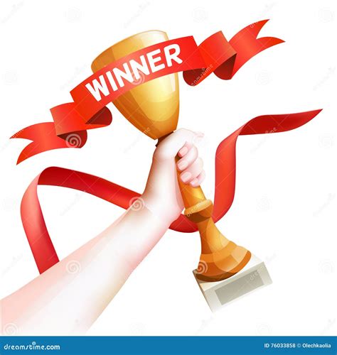 Hand Holding Up Trophy Vector Winner Cup Illustration With Red Winner