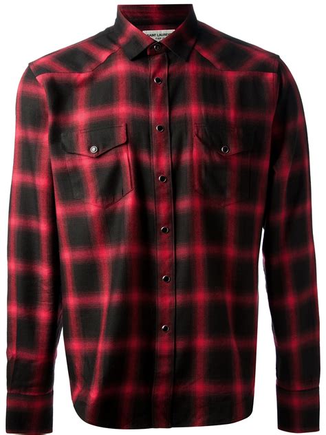 lyst saint laurent plaid flannel shirt in red for men