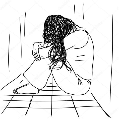 Sketch Of A Girl Sitting And Crying