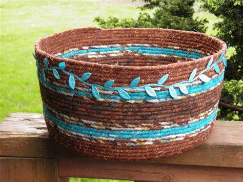 Brown And Turquoise Coiled Fabric Basket Etsy In 2021 Coiled Fabric