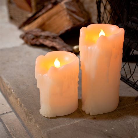 Lights4fun Set Of 2 Flameless Battery Operated Led Pillar Candles Heavy Dripping Wax With Timer