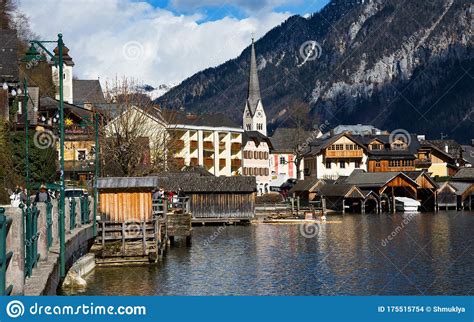 Hallstatt Unesco Heritage Village Against Mountain And Lake In Winter