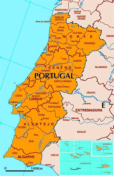 Touristische karte von portugal mit sehenswürdigkeiten und stränden. Portugal Politische Karte