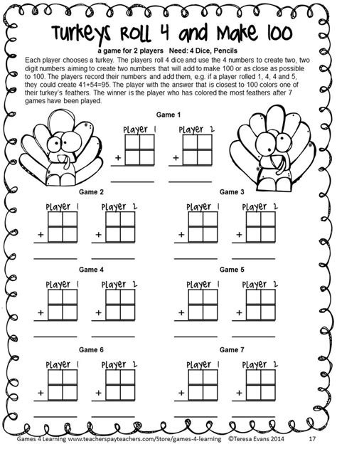 No Prep math game from Thanksgiving Math Games Third Grade by Games 4