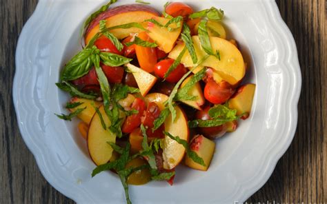 Heirloom Tomato And Peach Salad With Mint And Basil Entertablement