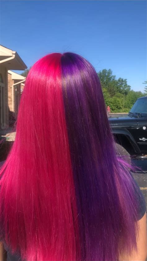 Half Pink Half Purple Hair In 2020 Purple Hair Hair Long Hair Styles