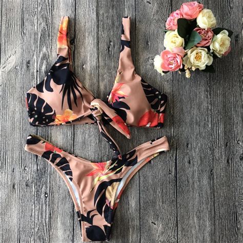 Muqgew 2019 Brazilian Bikini Women Sexy Push Up Padded Bikini Set Beach Halter Printed Swimsuit