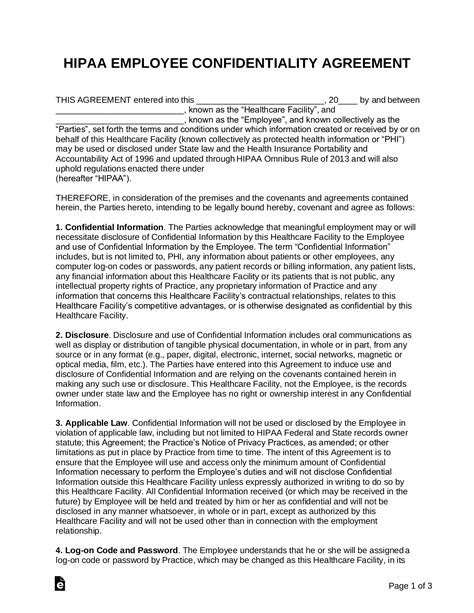 Free Hipaa Employee Confidentiality Agreement Pdf Word Eforms