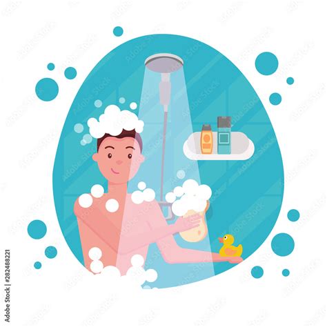 Vettoriale Stock Young Man Taking Shower Round Shape Composition